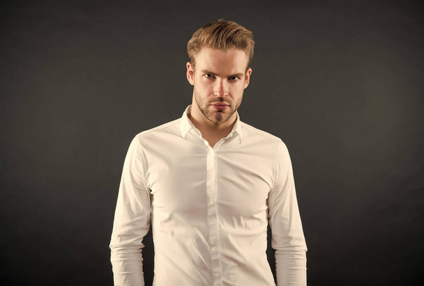 Handsome young man wear classy white shirt grey background, fashion - Zdjęcie, obraz