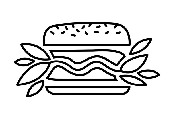 Végétalien burger vecteur ligne noire icône. Hamburger à base de plantes. Feuilles vertes au lieu de côtelettes de viande. Produits alimentaires à base de plantes. - Vecteur, image