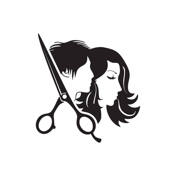 Logo kadeřníka, logo kosmetického salonu se siluetami muže a ženy, vektorová ilustrace. - Vektor, obrázek