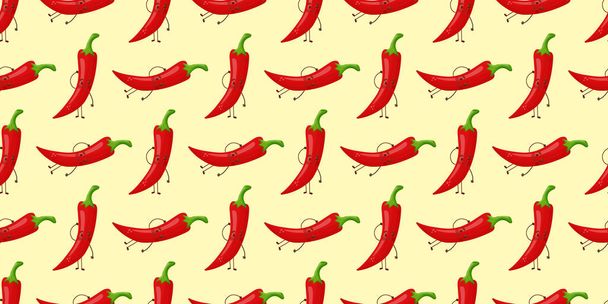Cute smiling cartoon style red chili pepper characters and hearts vector seamless pattern background. - Вектор,изображение