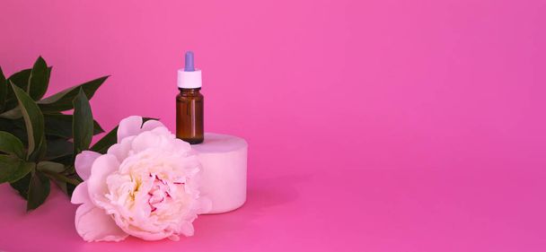 Composition of dark glass with cosmetic, medical products. Bottles with allergy medicine or serum, oils on catwalks with white peony on pink background. Banner - Photo, Image