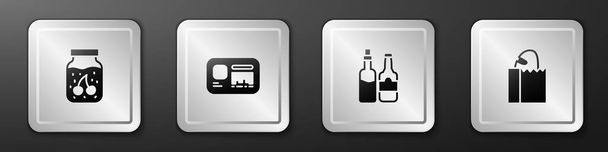 Set Tarro de mermelada, insignia de identificación, botella de whisky y bolsa de papel con icono de pan. Botón cuadrado plateado. Vector - Vector, imagen