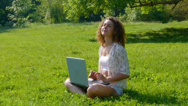 Schöne Studentin arbeitet am Laptop im Park - Filmmaterial, Video