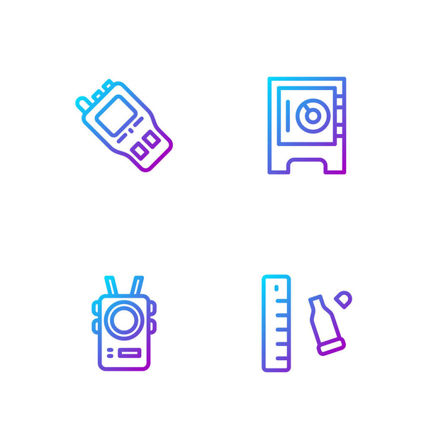 Set line Bullet casing with ruler, Police body camera, Walkie talkie and Safe. Gradient color icons. Vector - Vector, Image