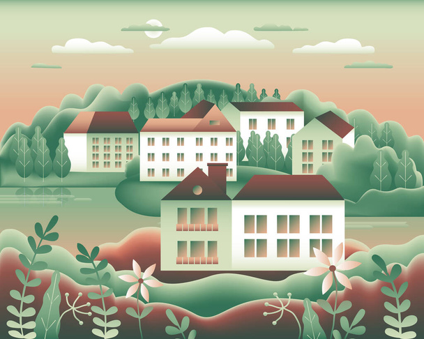 Landscape village, hills, trees, river, lake, forest. Rural valley Farm countryside with house, farm, building in flat style design. Green brown gradient colors. Cartoon background vector illustration - Vektor, obrázek