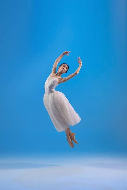 Young and graceful ballet dancer isolated on blue studio background. Art, motion, action, flexibility, inspiration concept. - 写真・画像