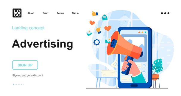 Advertising web concept. Attracting new customers, promoting in social networks at mobile apps. Template of people scenes. Vector illustration with character activities in flat design for website - Vector, Image