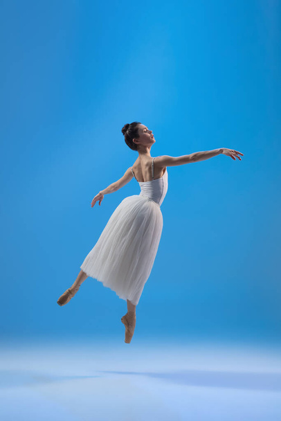 Young and graceful ballet dancer isolated on blue studio background. Art, motion, action, flexibility, inspiration concept. - Fotó, kép