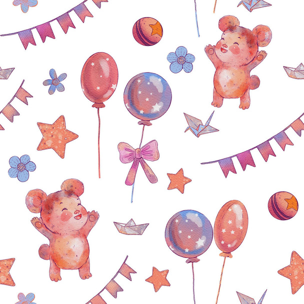 Patrón sin costuras con lindo oso bebé, guirnalda, estrellas, globos. Se puede utilizar para la decoración de la habitación del vivero, papel de envolver, ropa de bebé textil, decoración de álbumes de fotos - Foto, imagen