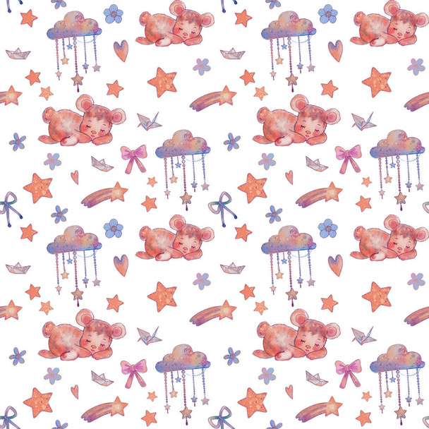 Seamless pattern with cute sleeping baby bear, garland, stars, shooting star,bow-knot, paper boat. Can be used for nursery room decoration, wrapping paper, baby clothes textile. - Photo, Image