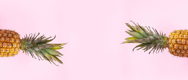 Two pineapple on pastel pink background. Concept: summer, food, creative layout. Close-up. Copy space for text. Banner - Fotoğraf, Görsel