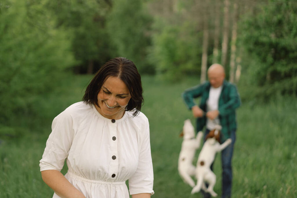 Perhe leikkii Jack Russell Terrier koiraa niityllä. Perhe halailee Jack Russell Terrier koiraa luonnossa. Kaunis koira. Perhe ja koira ystävyys. - Valokuva, kuva