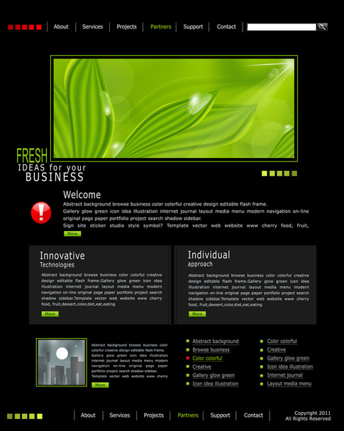 Vector web site is black with green leaves and drops of dew, for - Wektor, obraz