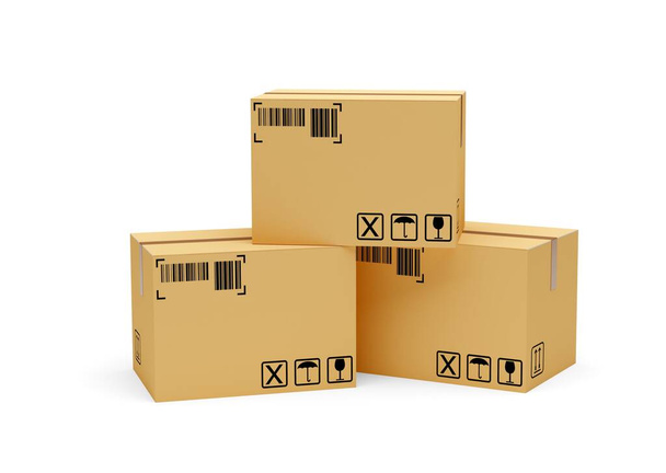 Heap of three carton cardboard boxes over white background, freight, cargo, delivery or storage concept, 3D illustration - Valokuva, kuva
