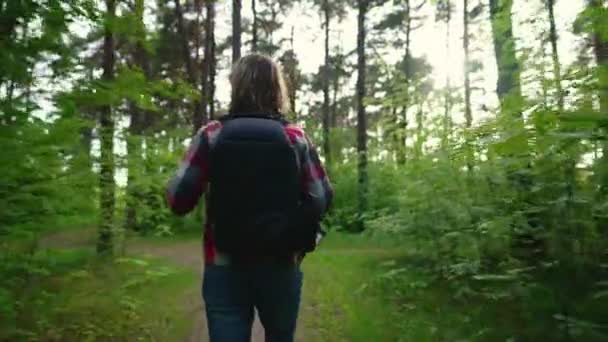 Homem com mochila andando na floresta. - Filmagem, Vídeo