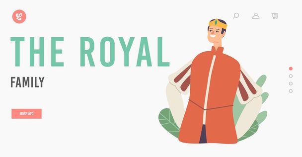 Landing Page Template der königlichen Familie. Mittelalterliche Prinzenfigur in Krone und Kostüm, historische Persönlichkeit, vergangene Zeiten - Vektor, Bild