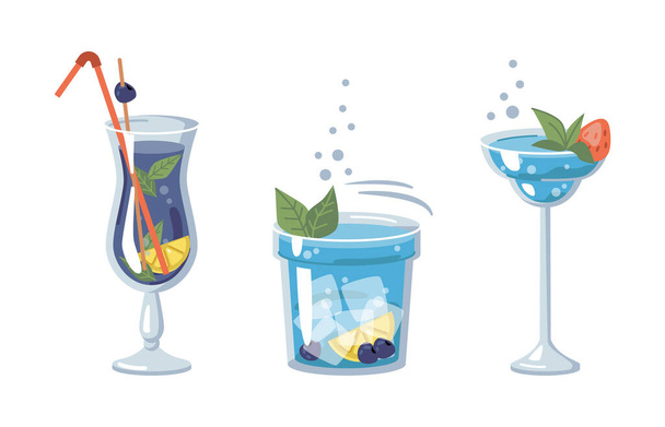 Cocktails alcooliques bleus aux fruits et herbes - Vecteur, image