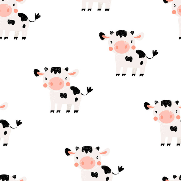 Vector hand-drawn color seamless repeating childish simple pattern with cute cows in Scandinavian style on a white background. Trendy scandinavian vector background. Cows print. Cute animals. Farm. - Vettoriali, immagini