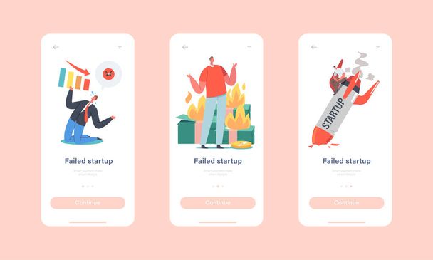 Startup Fail, Business Failure Mobile App Page Modelo de tela a bordo. Empresários em Burning Start up Rocket - Vetor, Imagem