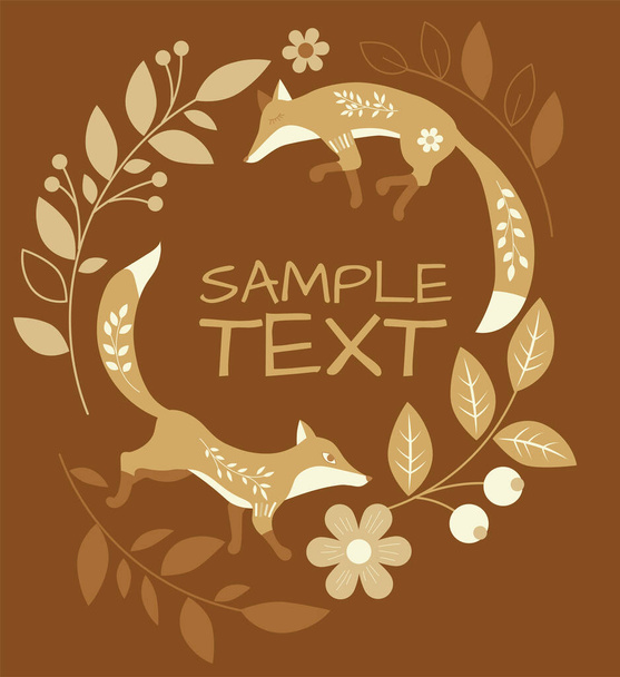  vector circle illustration for text with ethnic foxes in yellow palette, dunny time colors, yellow background - Vettoriali, immagini