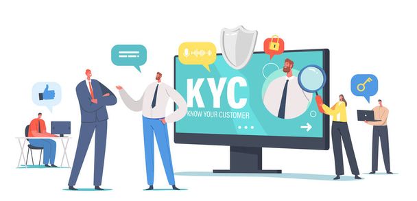 KYC, Conozca su concepto de cliente, Verificación empresarial de la identidad o idoneidad de los clientes, Empresarios Aprendizaje Cliente - Vector, Imagen