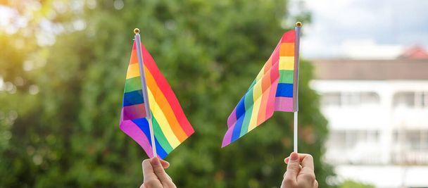 manos mostrando la bandera del arco iris LGBTQ en el fondo de la naturaleza verde. Apoyo Lesbianas, Gays, Bisexuales, Transgénero y Queer comunidad y Orgullo concepto de mes - Foto, imagen