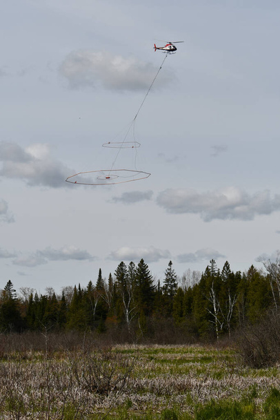 Un hélicoptère volant le long de la surface de terres humides transportant du matériel de levé aérien à des fins d'exploration - Photo, image