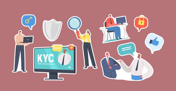 Set of Stickers Kyc, Know Your Customer Theme. Tiny Businesspeople Characters with Huge Magnifying Glass, Laptop, Shield - Vector, Image