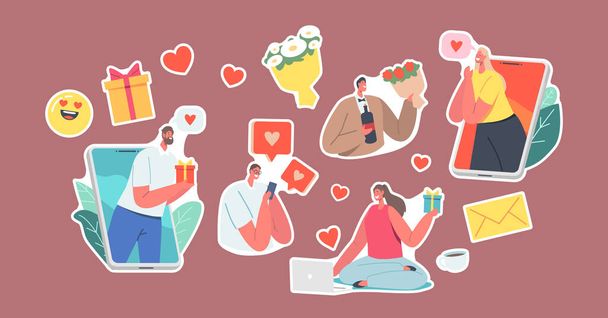 Set of Stickers Online Date, Modern Romance Relationships Theme. Characters Chatting via Smartphones and Computers - Vector, Image