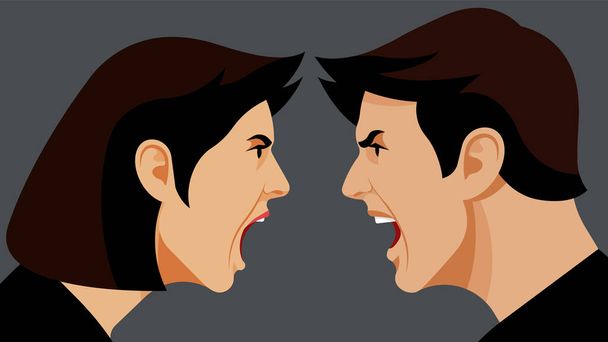 Yelling people. An argument between a man and a woman. Close-up male face and female face. Spock, conflict, divorce, screaming. Family, relationships, scandal, conflict, nervous breakdown. - Vector, Image