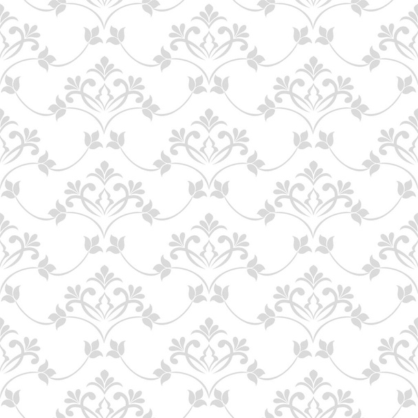 ダマスクシームレスベクトル背景。バロック様式のパターン。グレーと白の花の要素。壁紙、ファブリック、包装、包装のためのグラフィック華やかなパターン。ダマスク花飾り. - ベクター画像