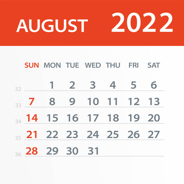 Agosto 2022 Folha do Calendário - Ilustração. Página gráfica vetorial - Vetor, Imagem