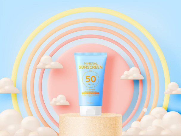 Protection cosmetic products design,sunscreen and sunbath cosmetic products design face and body lotion,moisturizer cream, liquid. drawn elements in pastel color - Vector, Image