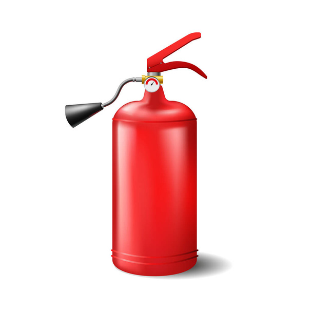 Red portable fire extinguisher template. Steel firefighting cylinder with black spray and pressure sensor - Vetor, Imagem