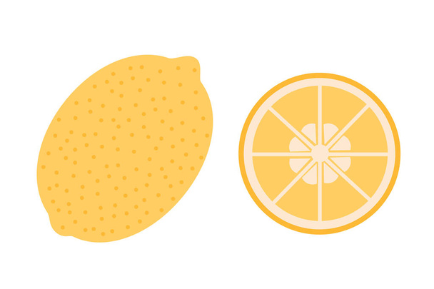 Een hele citroen en een schijfje citroen op een geïsoleerde witte achtergrond. Platte vectorillustratie. Het fruit. - Vector, afbeelding