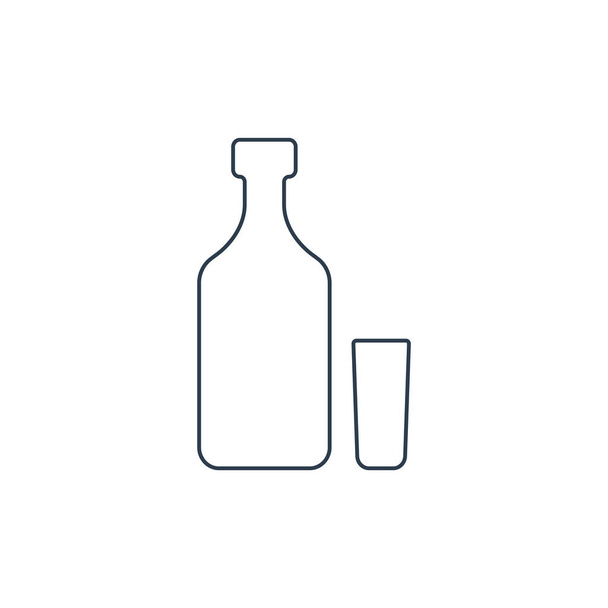 ウォッカボトルとガラス製品。パーティーやお祝いのためのアルコール飲料。単純な黒い線の形が孤立。白を基調としたイラスト。任意の目的のためのフラットデザインスタイル. - ベクター画像