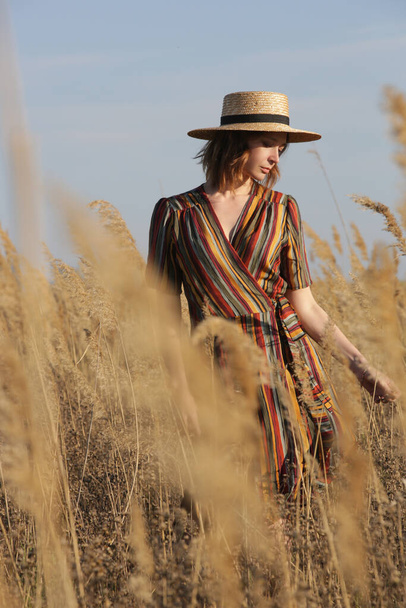Beautiful woman in striped dress and straw hat standing on meadow. Casual summer fashion, outdoor portrait with natural light. - Fotó, kép
