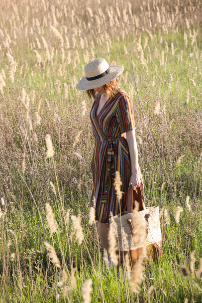 Beautiful woman in striped dress and straw hat standing on meadow. Casual summer fashion, outdoor portrait with natural light. - Photo, Image