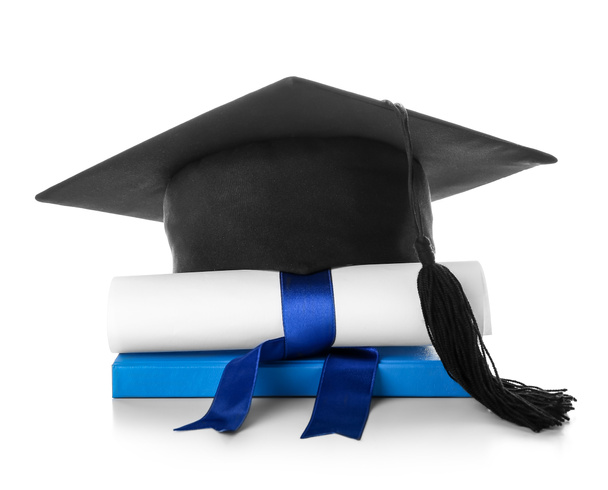卒業帽子白を背景に卒業証書 - 写真・画像