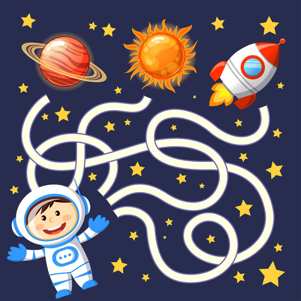 Help cosmonaut find path to rocket. Labyrinth. Maze game for kids - ベクター画像