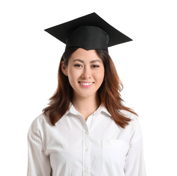 Female graduating student on white background - Foto, imagen