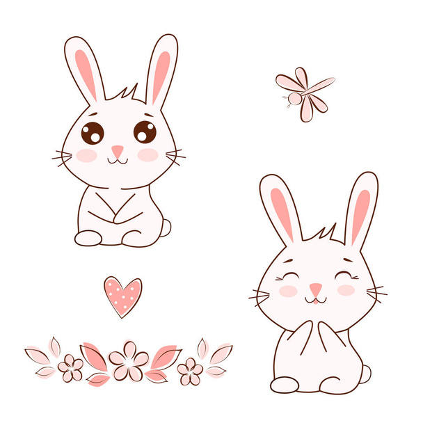 Two rabbits in kawaii style with a bouquet of flowers, a dragonfly and a heart, for the design of children's textiles and cards - Vector, imagen