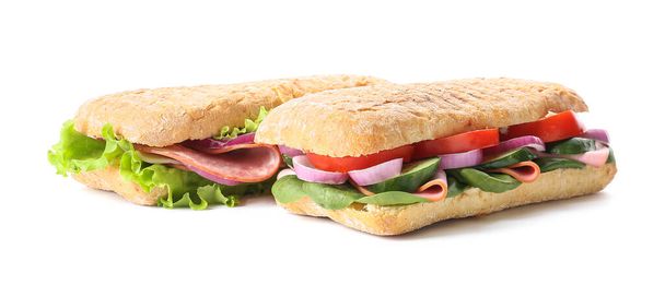 Tasty ciabatta sandwiches on white background - Photo, Image