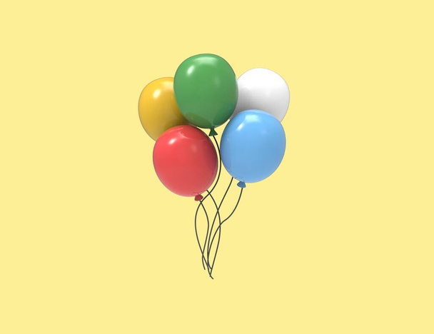 Vijf kleurrijke luchtballonnen geïsoleerde gele achtergrond. 3D render ontwerp. - Foto, afbeelding