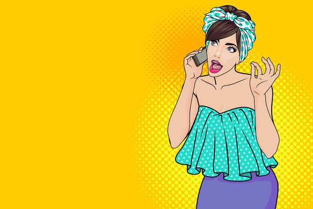 Shocked woman talking on mobile phone with copy space Pop art retro comic - Vector, Image
