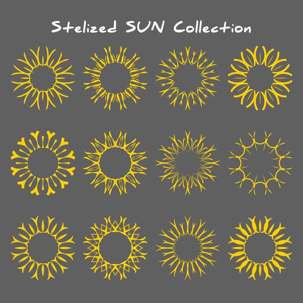 Stylized yellow sun flat icons set isolated on grey background. Vector design decorative elements for logotype sunrise, sunset. Graphic symbol different shapes collection - Vector, Image