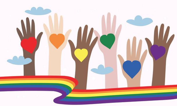 Illustrazione vettoriale della comunità LGBT. Mani di diversi colori con cuori arcobaleno. Una folla di persone con dei simboli ad una parata gay. Onda di colore. Progettazione per poster, volantino, cartolina, banner, web. - Vettoriali, immagini