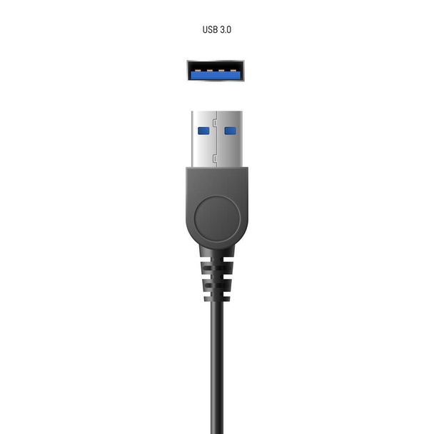 Realistischer USB 3.0-Steckeranschluss für kabelgebundene Verbindung. Computerkabel für Smartphone-Ladegerät - Vektor, Bild