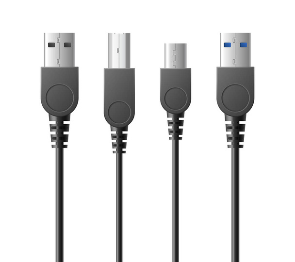 USB tipo A, C, micro usb, super velocidad y conector de cable relámpago 3d realista - Vector, imagen