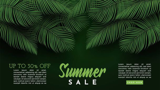 Summer Sale Banner With Tropical Leaves Background. Vector Illustration - Vector, Image